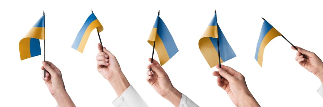 The Ukraine flag in hand in different angles on a white background.