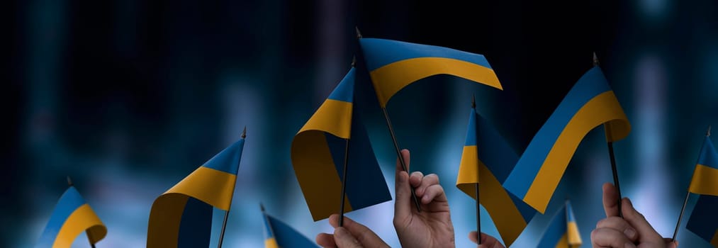 Ukraine flags in their hands on a blurred urban background. The photo illustration was created without the use of artificial intelligence, only using Photoshop.