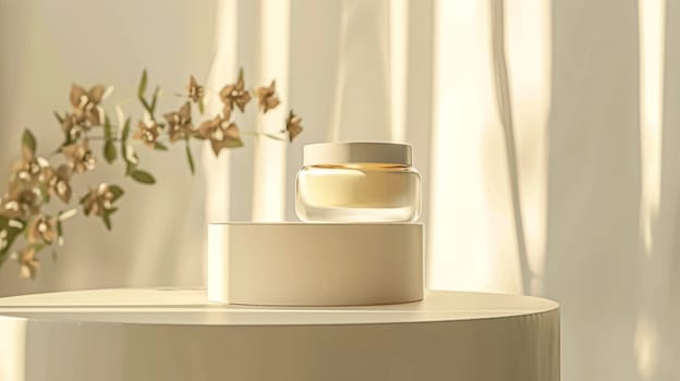Cosmetic cream in a glass jar. Skin care concept. Background for beauty products