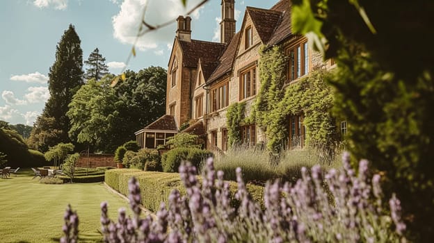A picturesque stone manor house nestled amidst vibrant lavender garden in the English countryside.