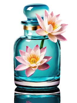 Aqua Bloom Perfume Delicate pale blue glass jar with a wavy design, suspended in a sea of colorful water lilies