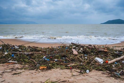 A pile of vegetable and plastic debris lies on the seashore after a storm in Asia. Nha Trang, Vietnam - December 16, 2024