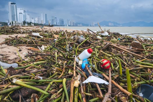 A pile of vegetable and plastic debris lies on the seashore after a storm in Asia. Nha Trang, Vietnam - December 16, 2024