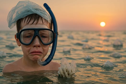 AI generated boy with tears in snorkel mask and plastic bag on head emerging from polluted sea under sunset sky symbolizing ocean crisis and emotional environmental impact