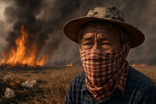 AI generated elderly Asian farmer crying with tears in dry burning grass field ash on head and shoulders smoky polluted air background environmental crisis