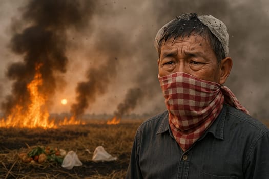 AI generated elderly Asian farmer crying with tears in dry burning grass field ash on head and shoulders smoky polluted air background environmental crisis