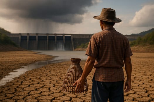 AI generated thai farmer holding traditional fish trap standing on dry riverbed near large dam with rainy clouds above dam and sunny sky near farmer