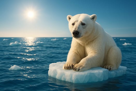AI generated sad polar bear with tears lying on small melting ice floe in arctic ocean with scattered ice and bright sun on deep blue horizon