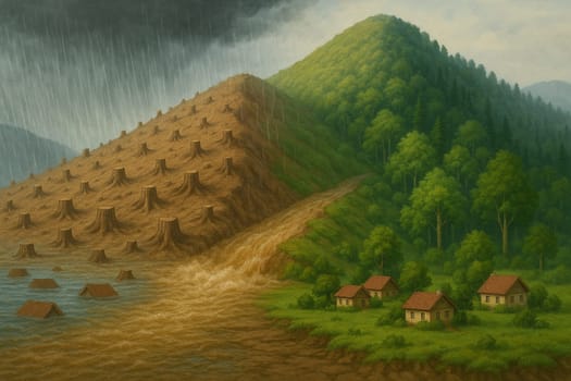 AI generated contrast of deforested mountain with flooded village and lush forest with peaceful homes under heavy rain