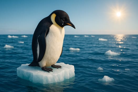 AI generated sad penguin with tears on small melting ice floe in Antarctic ocean with scattered ice and bright sun on deep blue horizon