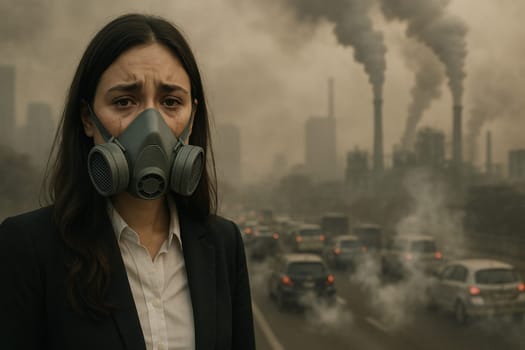 AI generated woman in suit crying with mask on polluted street full of cars and factory smoke dark sky filled with toxic fumes urban air pollution health hazard