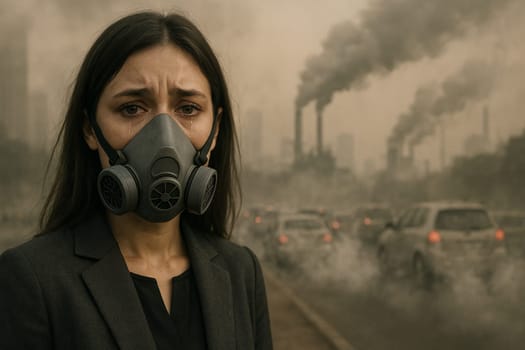 AI generated woman in suit crying with mask on polluted street full of cars and factory smoke dark sky filled with toxic fumes urban air pollution health hazard