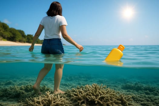 AI generated low angle ocean view with dead coral woman playing in sea sunscreen bottle bright sky
