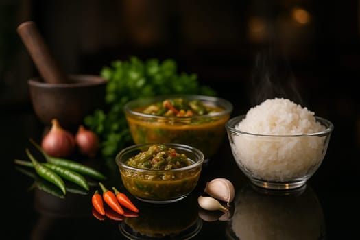 AI generated traditional Thai dishes with sticky rice nam prik noom and gaeng om served on black glass table with soft lighting