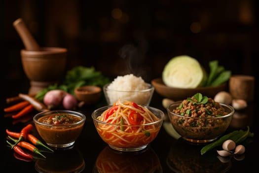 AI generated Thai local cuisine with fermented fish chili paste somtum larb and sticky rice served hot on black reflective table
