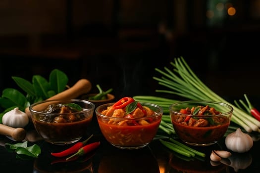 AI generated local Thai food featuring gaengmoochamuang gaengpa and padped served hot in glass bowls on glossy black table under dramatic lighting