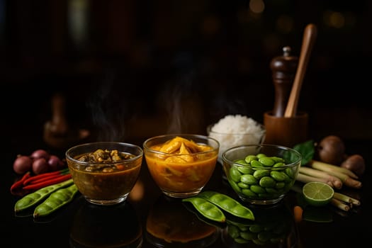 AI generated local Thai food with gaengtaipla gaengleung and sataw served hot in glass bowls on glossy black table with moody lighting