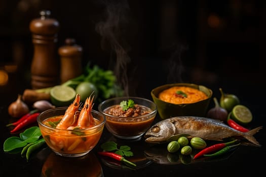 AI generated traditional Thai cuisine featuring tomyumkung nam prik kapi and hor mok served steaming in glass bowls on glossy black table under soft spotlight