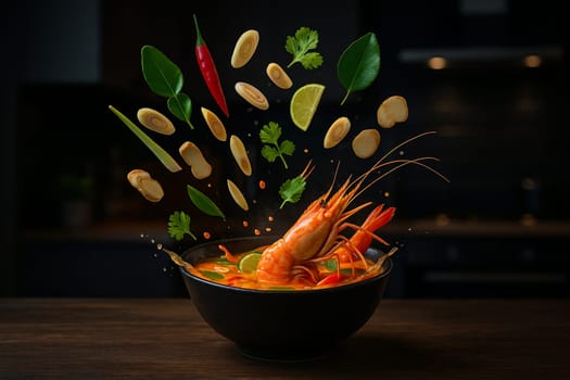 AI generated image of tomyumkung with flying ingredients and condiments bursting from a bowl in a dimly lit modern kitchen