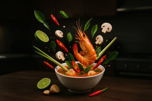 AI generated image of tomyumkung with flying ingredients and condiments bursting from a bowl in a dimly lit modern kitchen