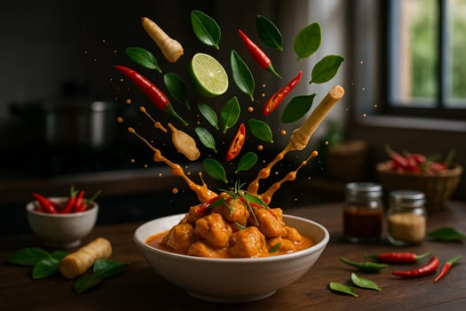 AI generated image of panang chicken curry with its ingredients bursting in midair from a bowl in a dimly lit modern kitchen