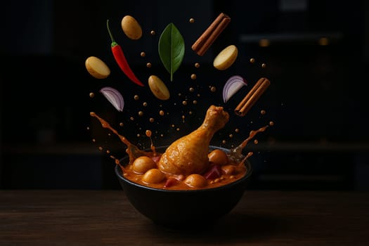 AI generated image of massaman chicken curry with flying ingredients bursting from a bowl in a dimly lit modern kitchen