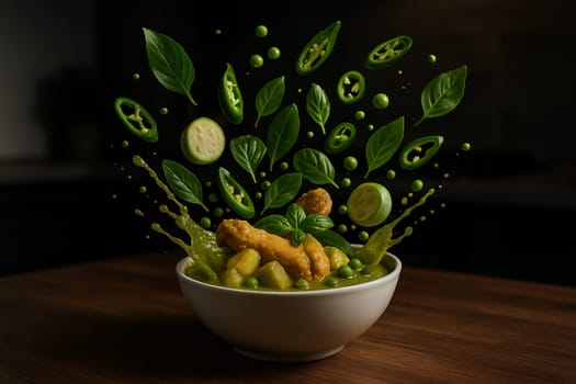 AI generated image of green curry with ingredients bursting midair from a bowl in a low light modern kitchen