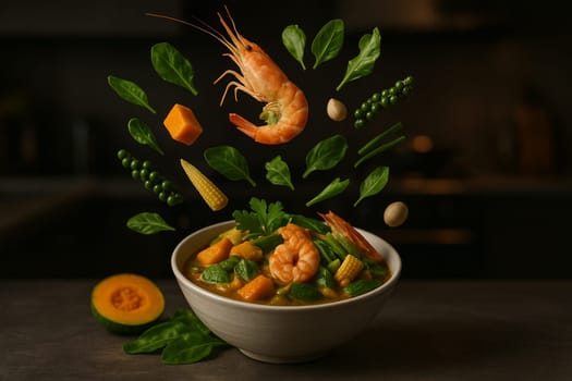 AI generated image of fresh shrimp kaeng liang ingredients bursting from a bowl in a modern kitchen with low light and vibrant motion showing freshness and Thai flavor