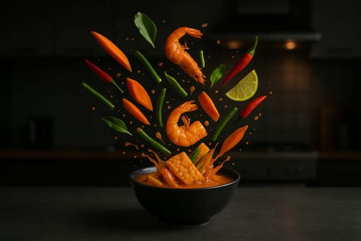 AI generated image of sour curry ingredients bursting from a bowl in a sleek modern kitchen with dim atmospheric lighting