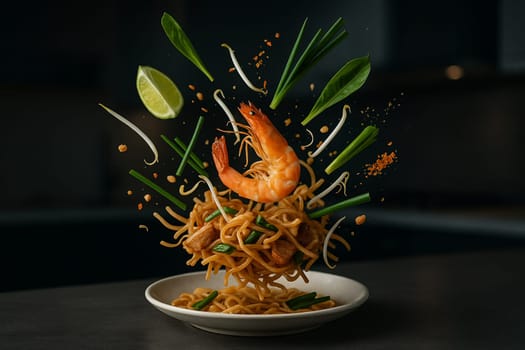 AI generated image showing padthai shrimp ingredients bursting from a bowl in a modern low light kitchen with reflective black surfaces