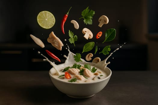 AI generated image of chicken tom kha ingredients bursting from a bowl in a sleek modern kitchen with low light and reflective surfaces showing dynamic motion and freshness