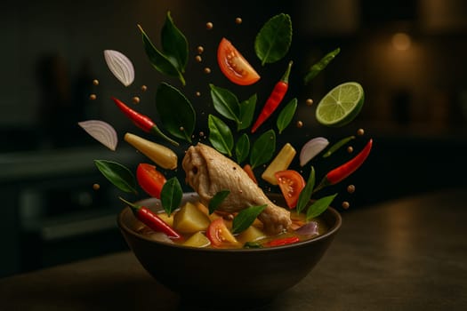 AI generated image of tom klong soup with ingredients bursting from a bowl in a modern kitchen with moody low lighting