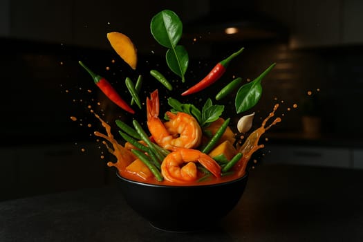 AI generated image of sour curry ingredients bursting from a bowl in a sleek modern kitchen with dim atmospheric lighting