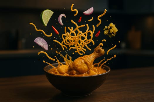 AI generated image of khao soi curry with flying ingredients bursting from a bowl in a low light modern kitchen