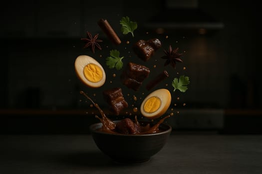 AI generated image of braised egg ingredients bursting from a bowl in a modern kitchen with dark moody lighting and reflective surfaces