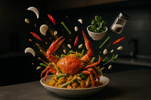 AI generated image showing crab curry powder ingredients bursting from a bowl in a sleek low light modern kitchen with reflective surfaces and dynamic motion
