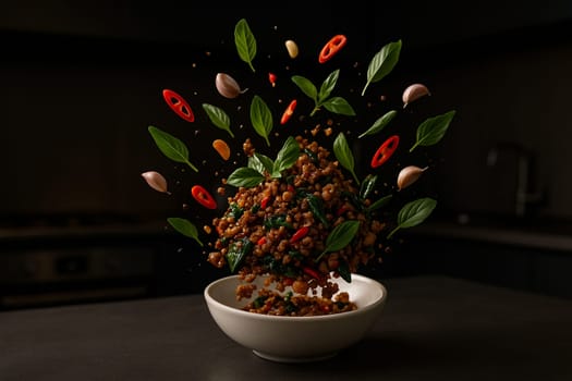 AI generated image of vibrant thai basil stir fry ingredients bursting from a bowl in a modern dim kitchen highlighting fresh herbs spices and dynamic motion