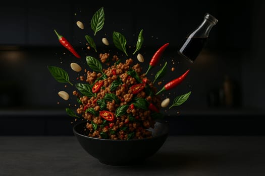 AI generated image of vibrant thai basil stir fry ingredients bursting from a bowl in a modern dim kitchen highlighting fresh herbs spices and dynamic motion