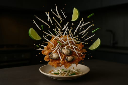 AI generated image of thai crispy oyster omelette ingredients exploding in a modern kitchen with low light