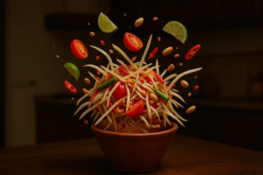 AI generated image of thai spicy papaya salad ingredients exploding in a modern kitchen with low light