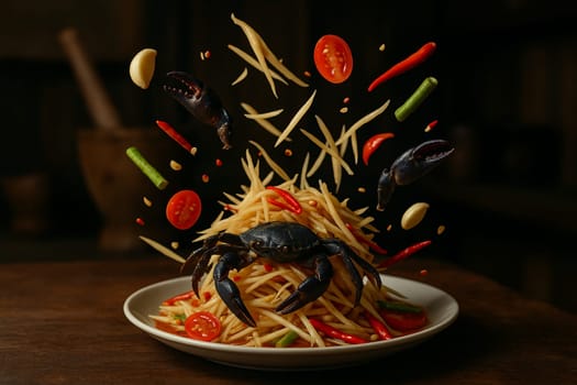 AI generated image of thai spicy papaya salad with crab ingredients exploding in a modern kitchen with low light