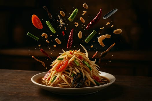 AI generated image of thai spicy papaya salad with fermented fish ingredients exploding in a modern kitchen with low light