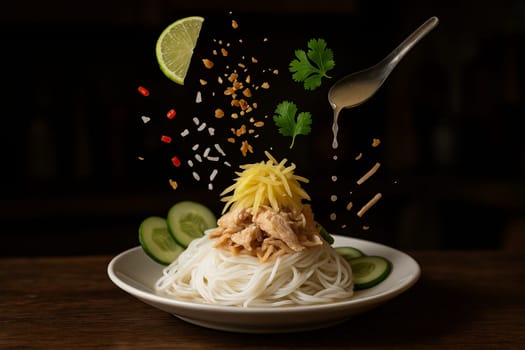 AI generated image of thai khanomjeen sawnam ingredients exploding in a modern kitchen with low light