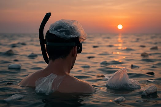 AI generated image of a man snorkeling at sunset with plastic waste floating in the sea conveying ocean pollution awareness and environmental concern