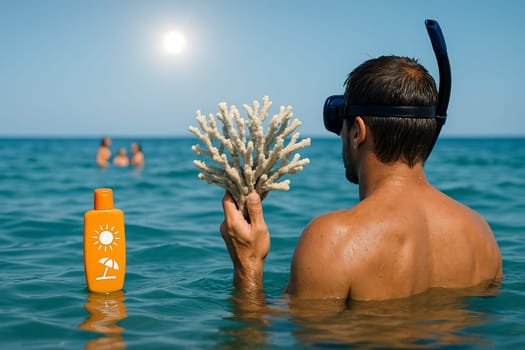AI generated image of a man snorkeling in the sea holding a dead coral with floating sunscreen bottle in foreground and distant swimmers under bright summer sun