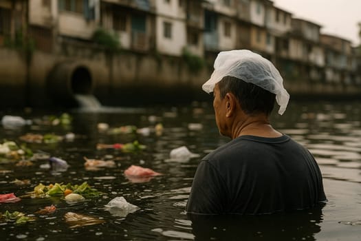 AI generated image of elderly Asian man emerging from dirty canal surrounded by trash and pollution with urban background showing sewage and community impact