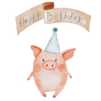 Little cute pig watercolor with the inscription happy birthday drawing. Hand drawn illustration of piglet in a party hat on white background. Clip art of cute farm animal character. Ideal for stickers, cards and baby educational cards. High quality photo