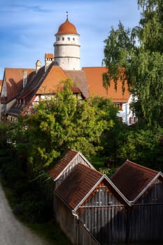 Historic old town of Noerdlingen with the city gate called Loepsinger Tor