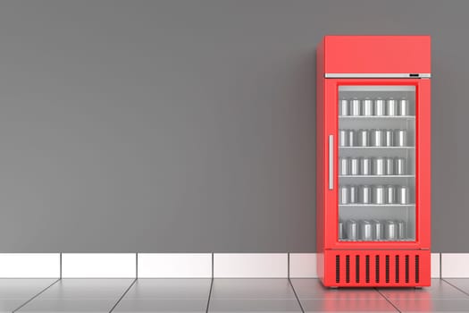 Red supermarket beverage refrigerator with silver cans