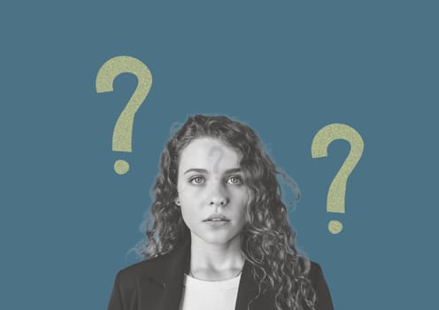 A young woman with curly hair looks confused against a blue backdrop. She is dressed in a smart outfit and appears to be pondering a difficult question or situation.